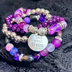 “Live Your Dream” | Purple and Silver Beaded Bracelet Set